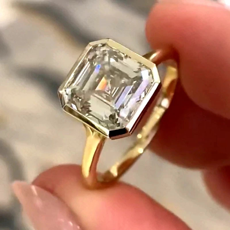Bezel Setting Asscher Cut 3.20 Ct White Moissanite Engagement Wedding Ring
