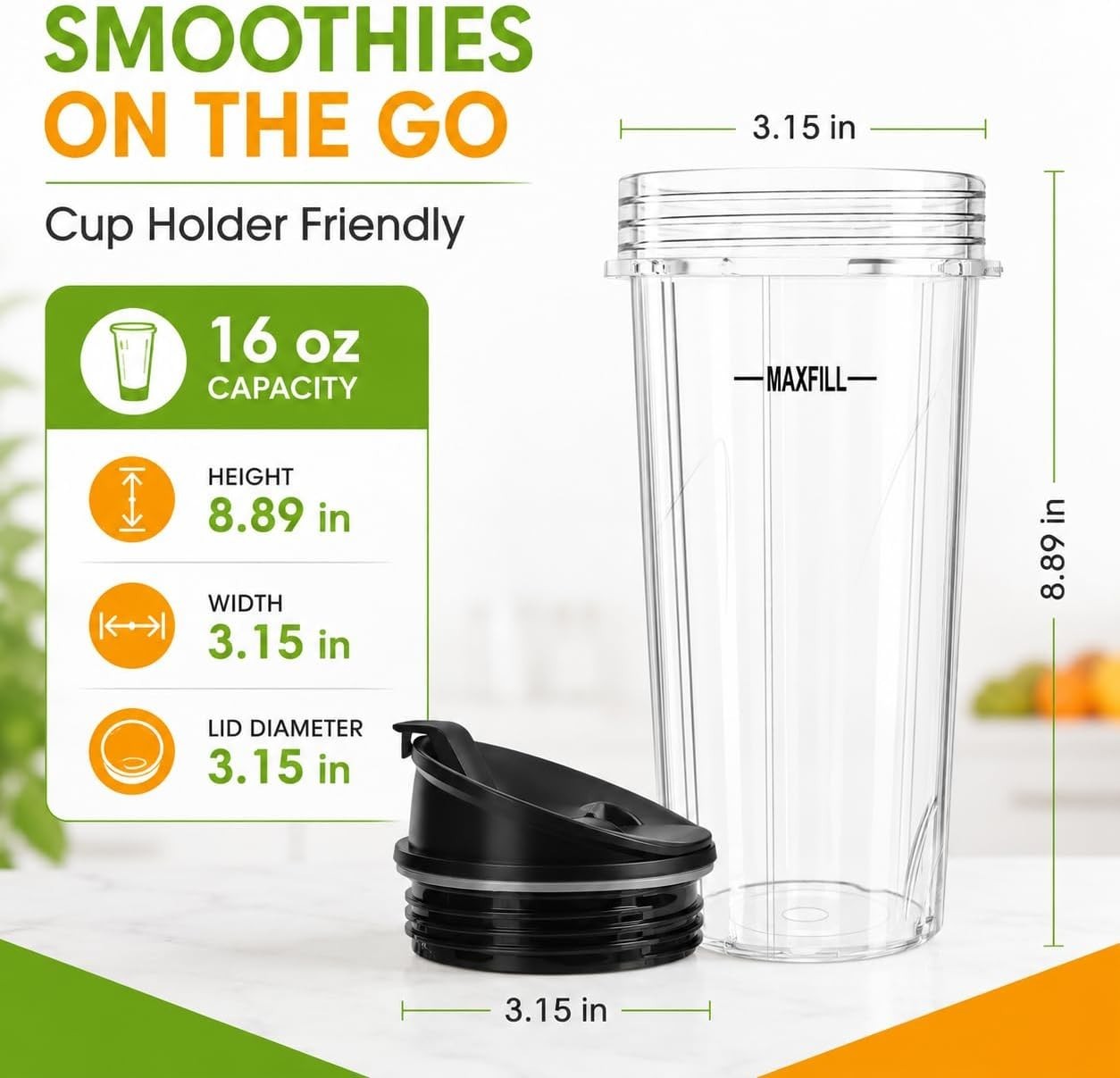 16 oz Ninja Blender Cups Replacement, 3 Pack Cups with Lids, Compatible with QB3