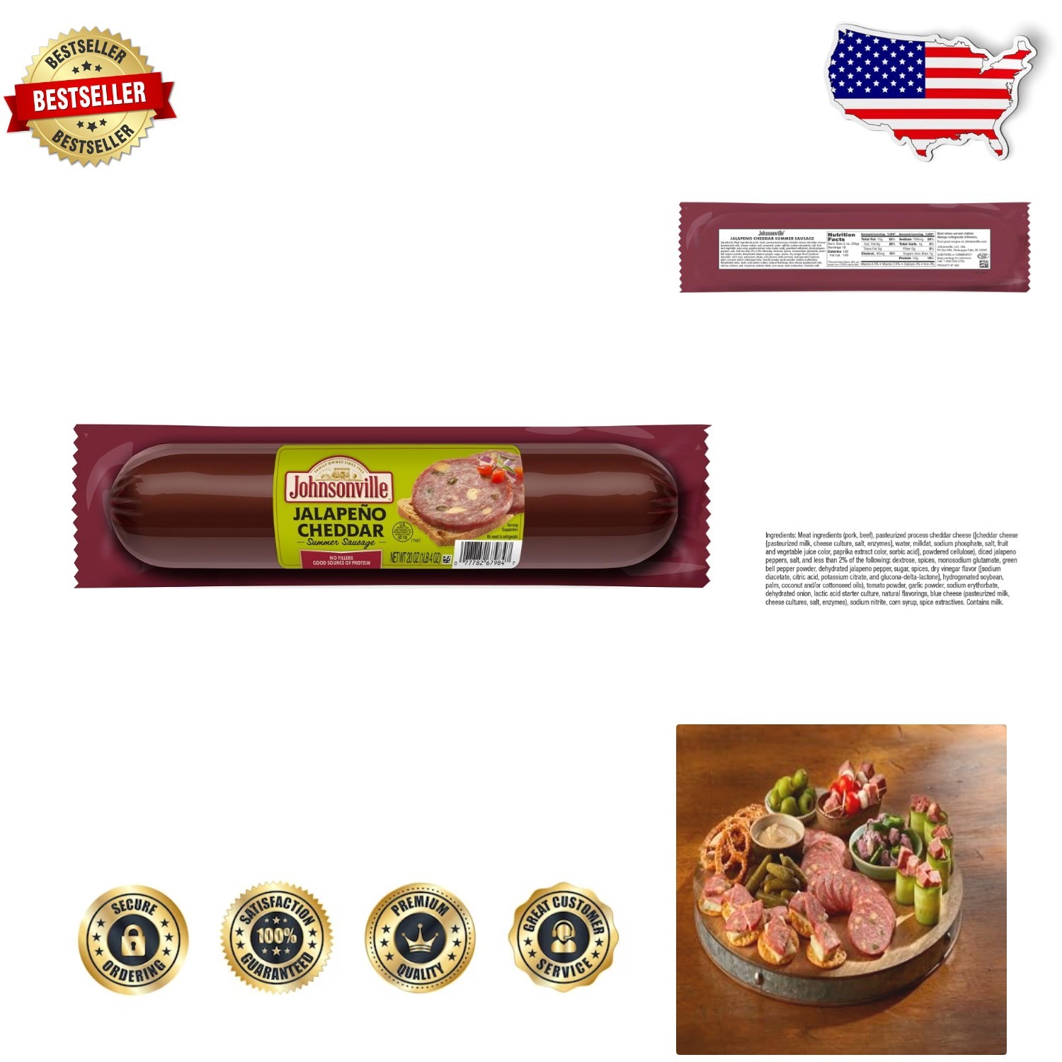 Smoked Beef Summer Sausage 20oz - Spicy Jalapeno Cheddar,  Ingredients