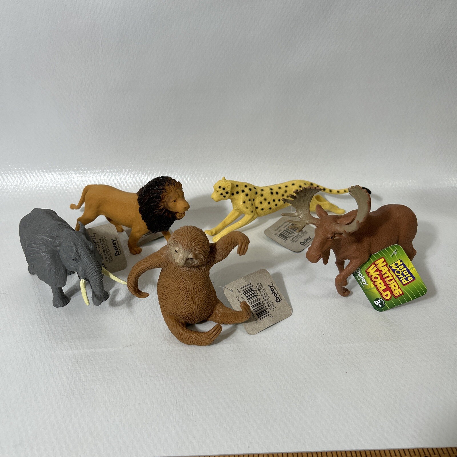 Boley Nature World Animals 6” Sloth Elephant Lion Cheetah Moose W/Tags Lot Of 5