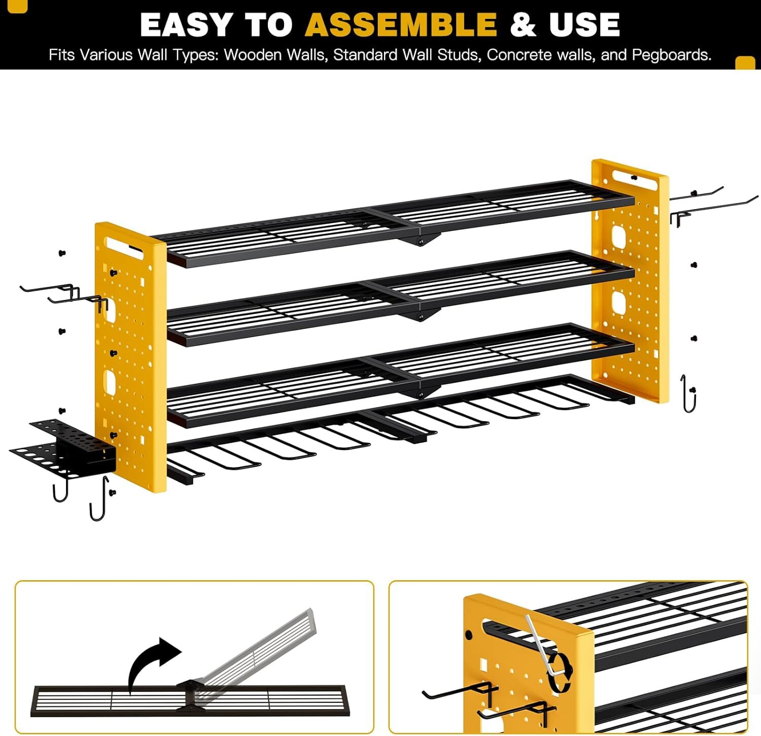 Wall Mounted Power Tool Organizer,4-Tier Tool Rack with 8 Drill Holders (Yellow)
