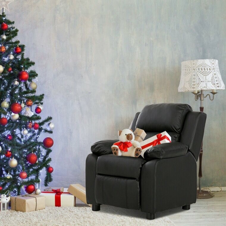 Kids Deluxe Headrest Recliner Sofa Chair With Storage Arms-Black HW56511BK