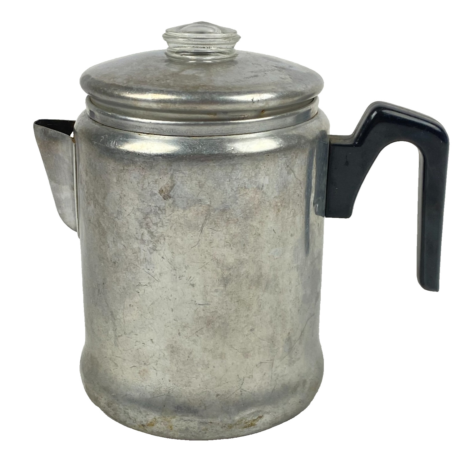 Aluminum Coffee Percolator Pot w Basket Glass Knob 7 1/4" Camping Vintage