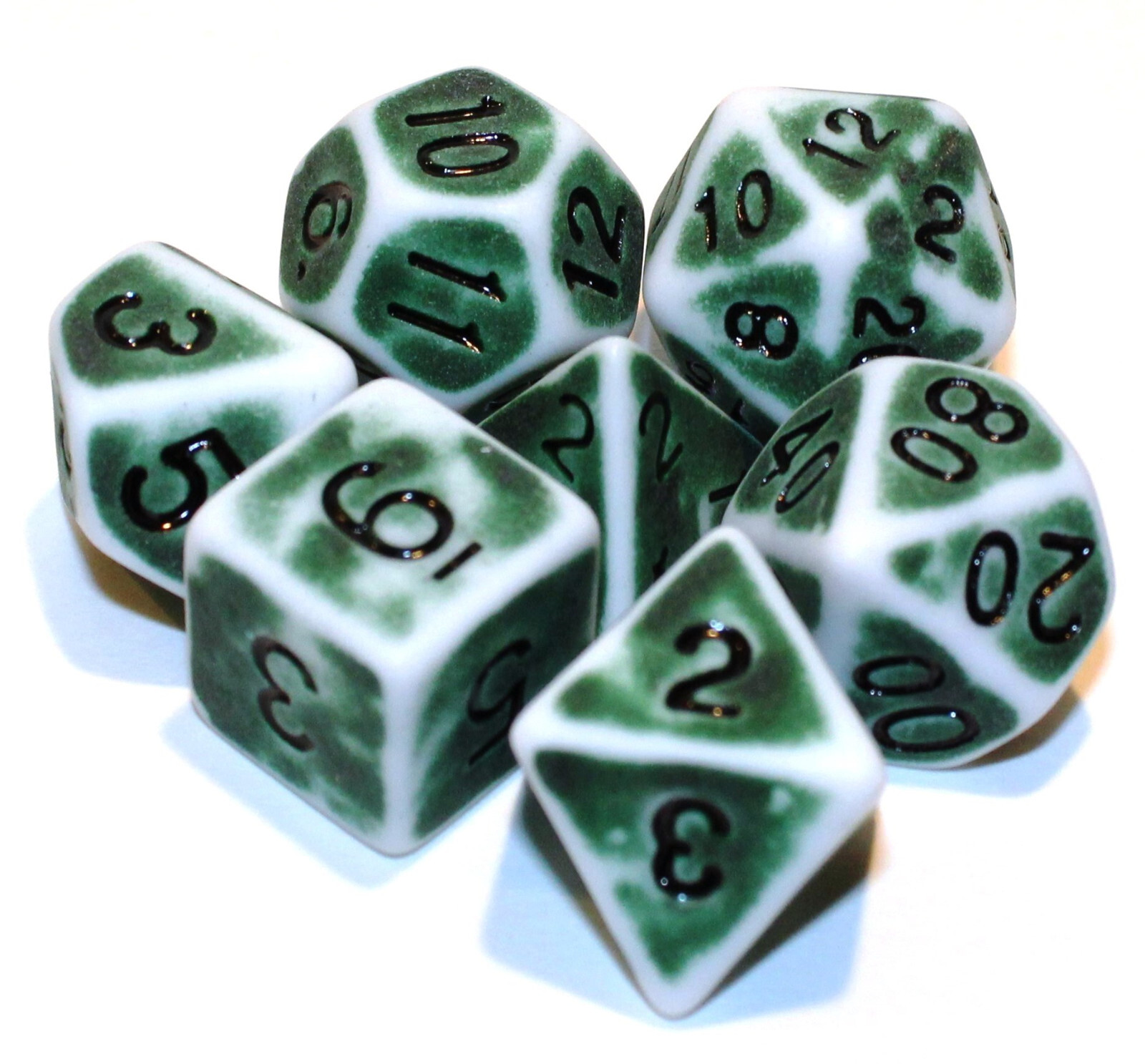 New 7 Piece Retro Polyhedral Dice Set w/ Green Bag - Green