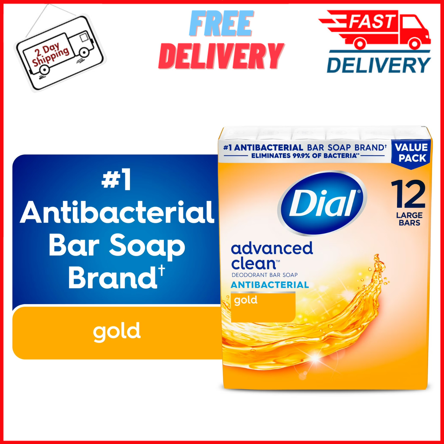 Dial Antibacterial Deodorant Bar Soap, Advanced Clean, Gold Scent, 4 oz, 12 Bars