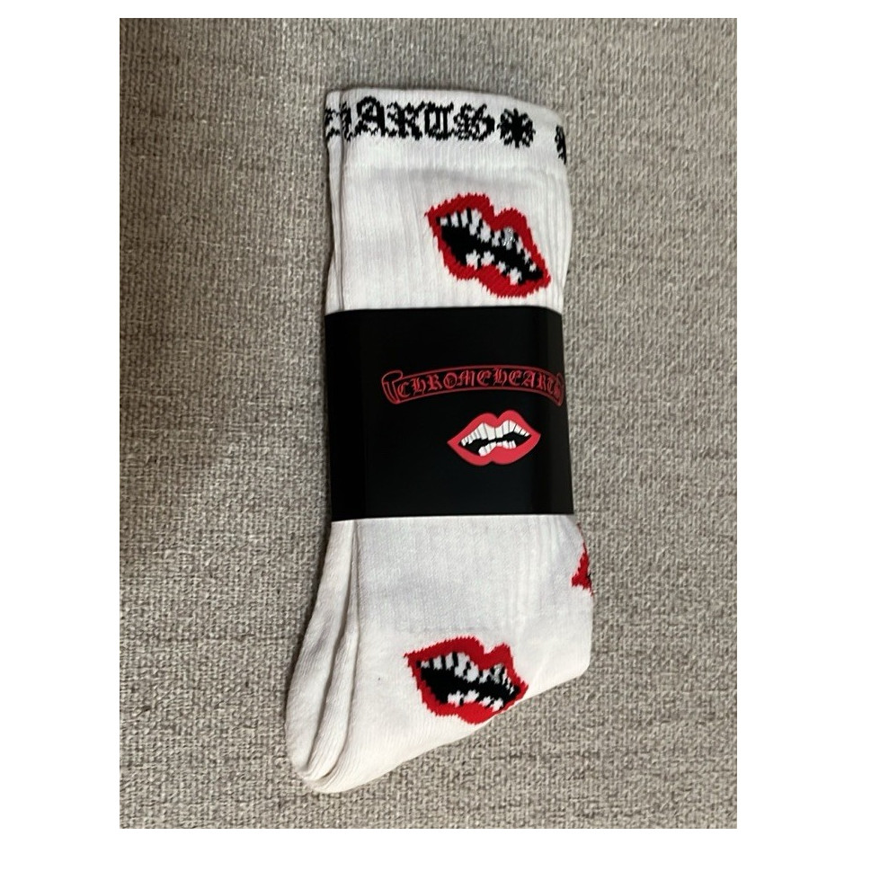 Chrome Hearts Women's Crew Socks White Red Lips Pattern Size L