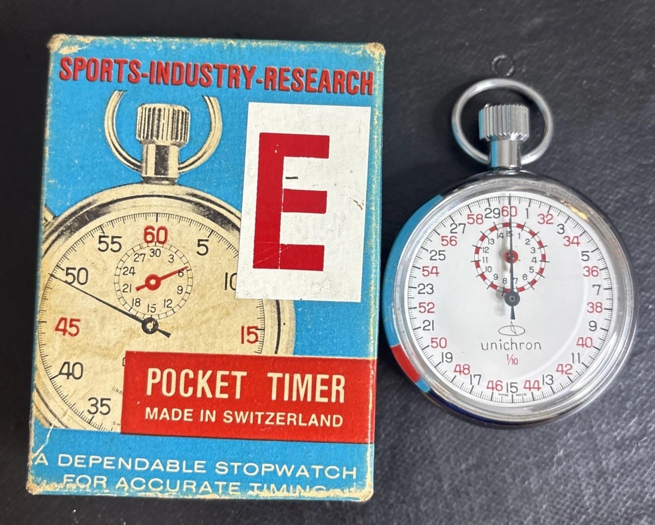 Unichron 1/10 1960's Mechanical Pocket Stopwatch Swiss Made In Original Box