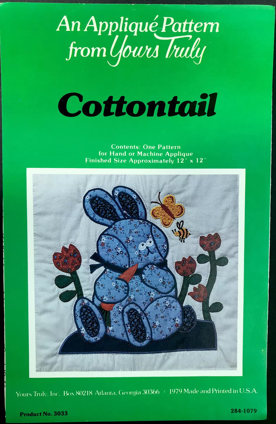 Cottontail Applique Full Size UNCUT Pattern Yours Truly 12” X 12” New