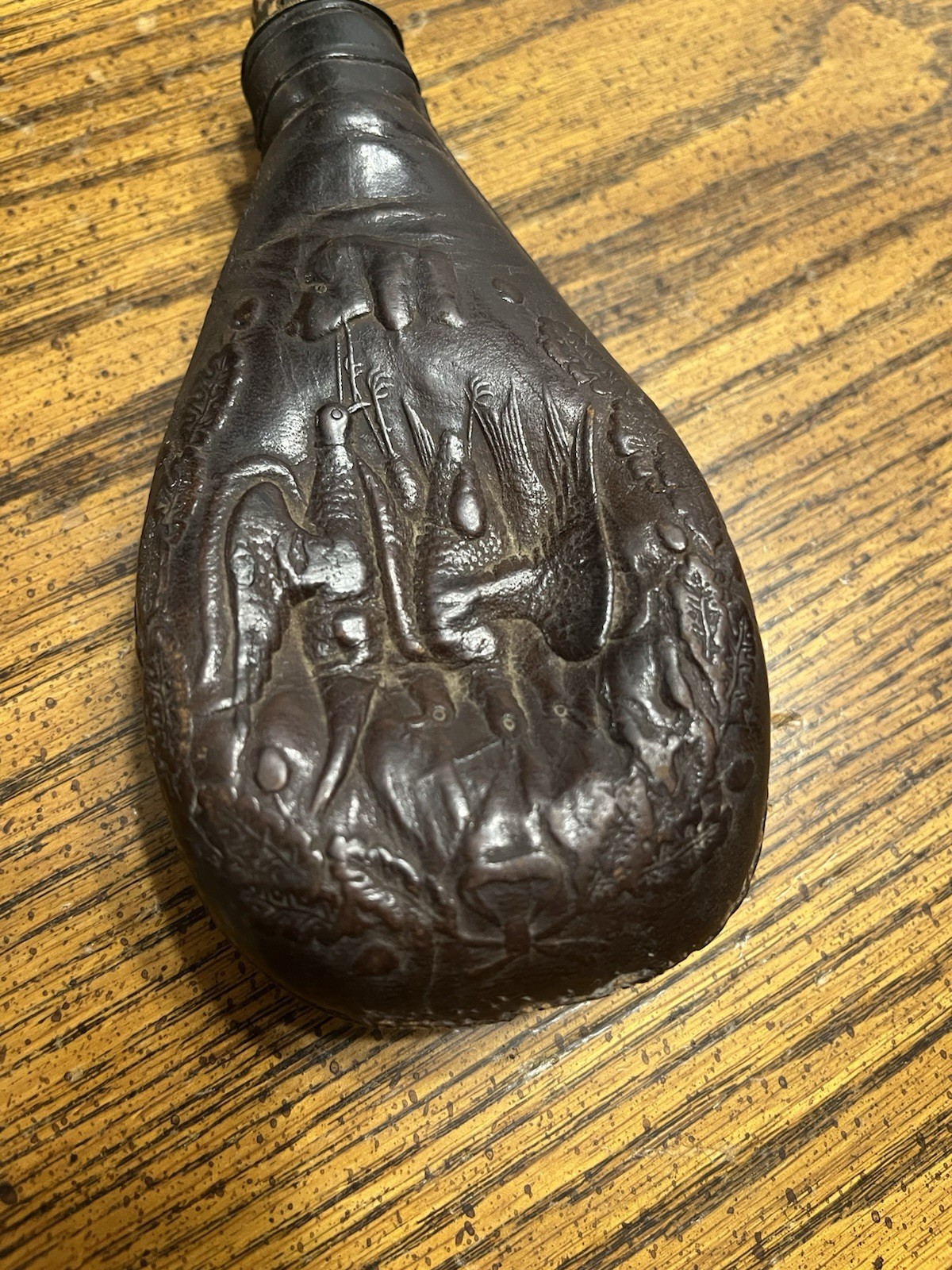Antique 1800s Civil War Era Leather Embossed Duck Hunting Black Powder Flask