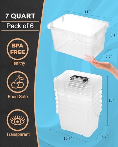 Plastic Storage Bins with Lids 6 Packs, 7 Quart Storage Organizer Bins Black
