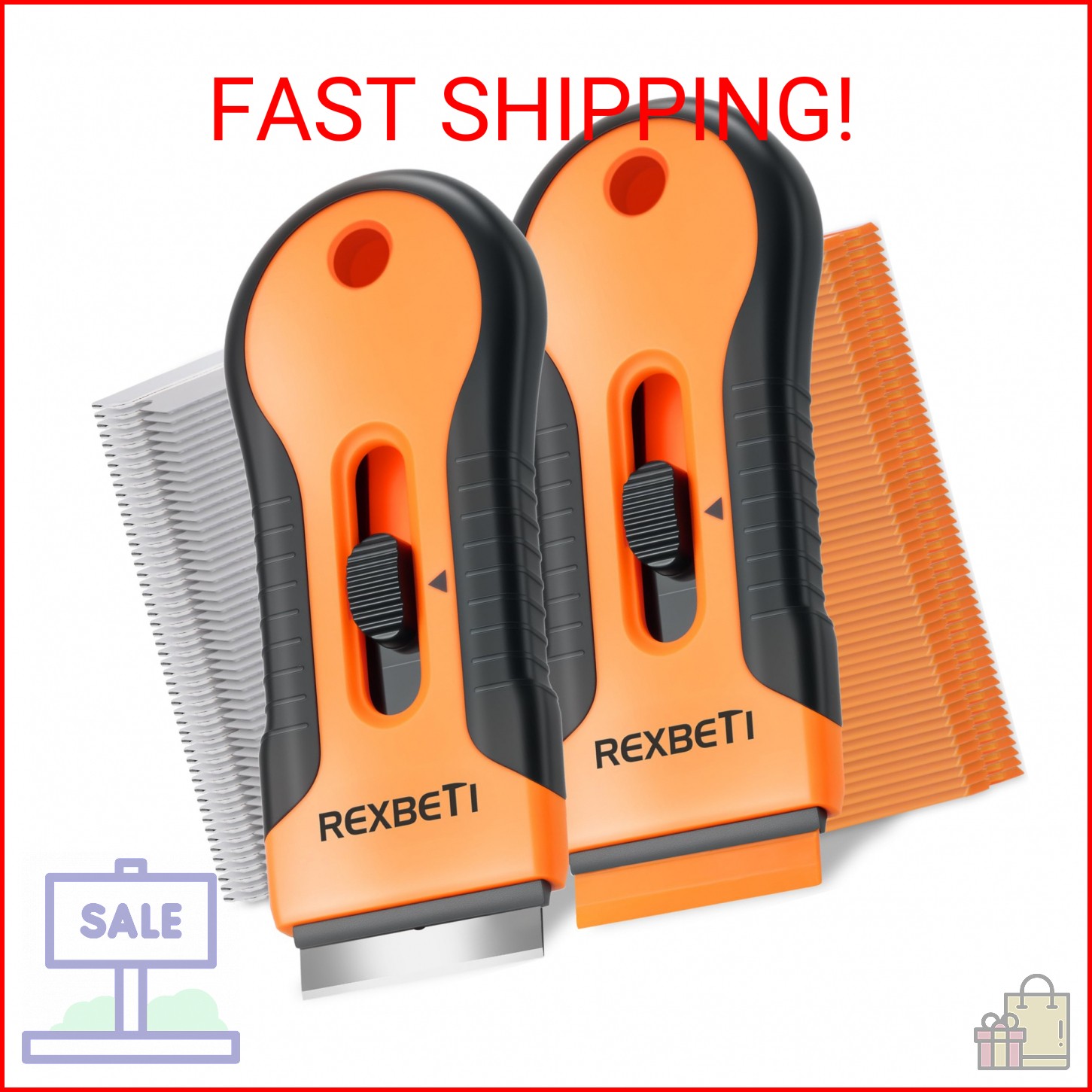 REXBETI Razor Blade Scraper Tool, 2 Pack Razor Scraper Set with Extra 80Pcs Razo
