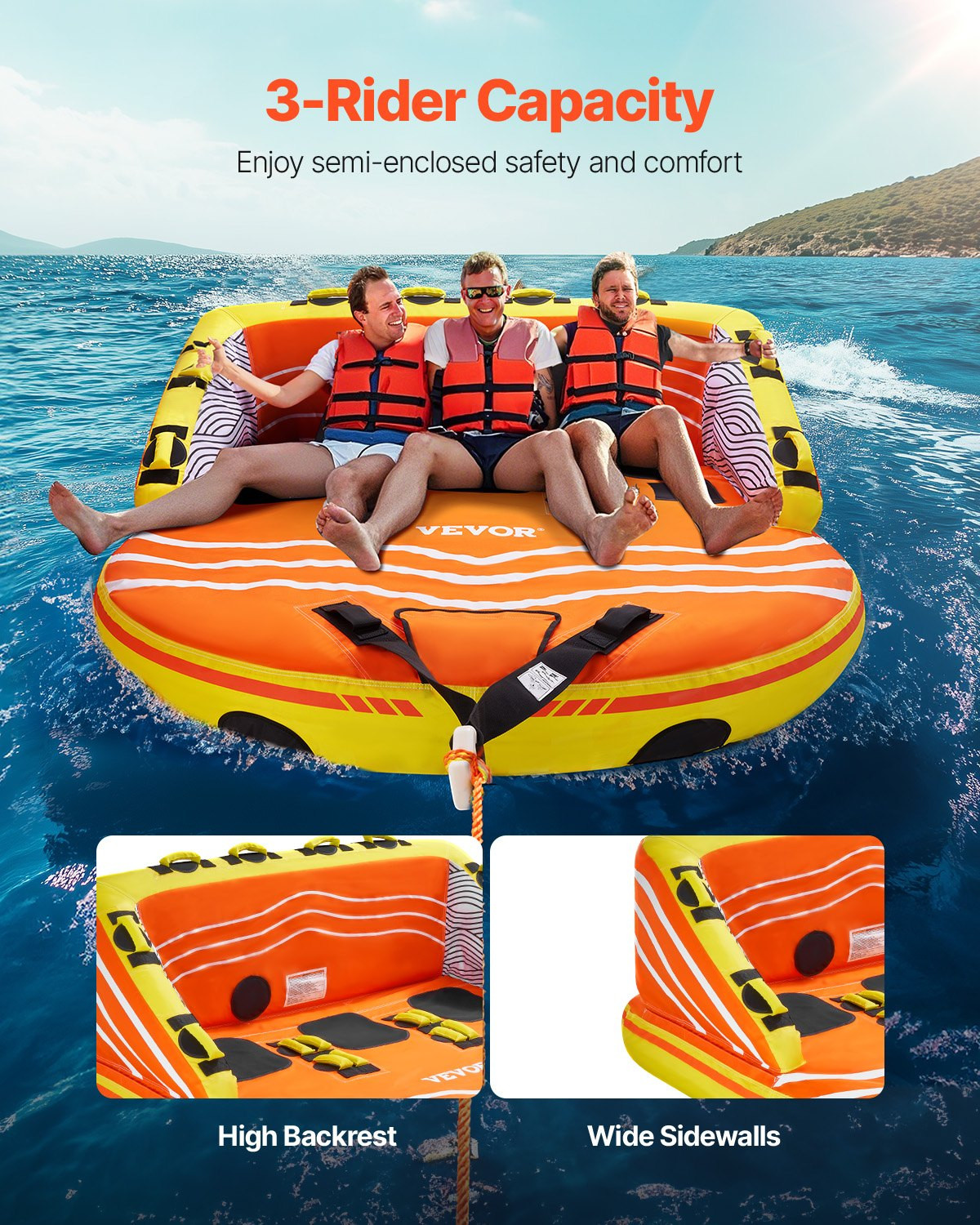 1-3 Rider Towable Tube 510lb 16 Handles Dual Tow Nylon