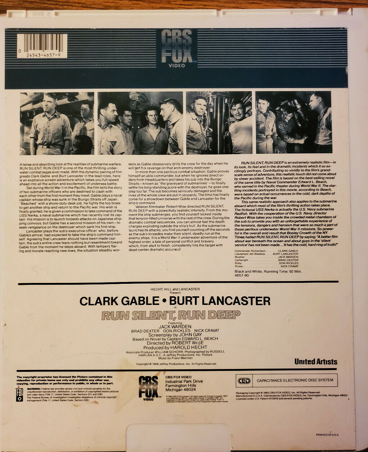 Capacitance Electronic Disc System CED "Run Silent, Run Deep" Clark Gable
