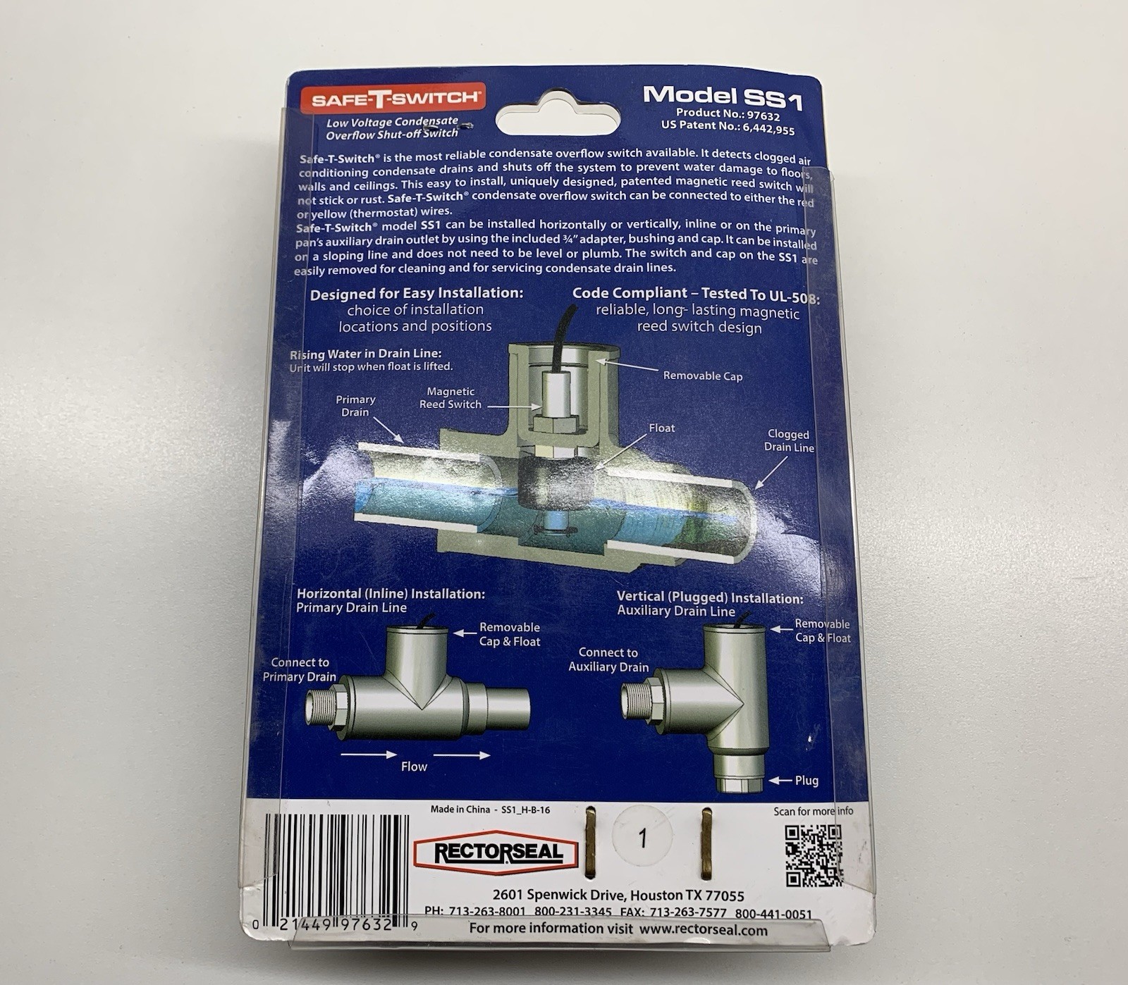 Rectorseal Safe T Switch Model SS1 Condensate Overflow Shut Off Switch