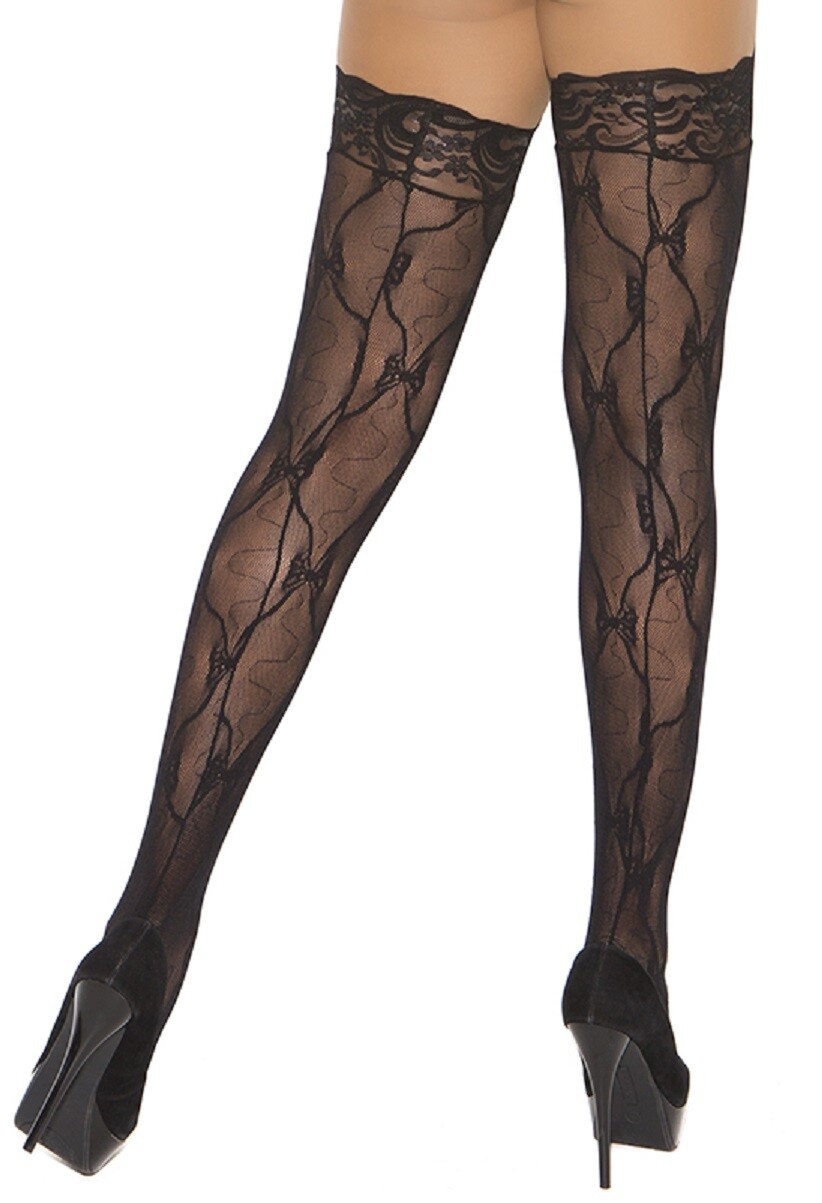 sexy ELEGANT MOMENTS bow PRINT lace TOP back seam STAY up THIGH highs STOCKINGS