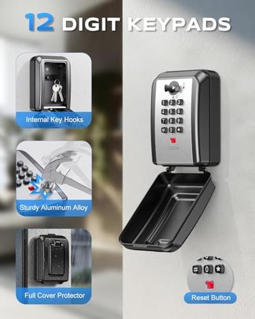 Wall-Mounted Key Lock Box, 12 Digit Combination Lock Box for Keys with Silver