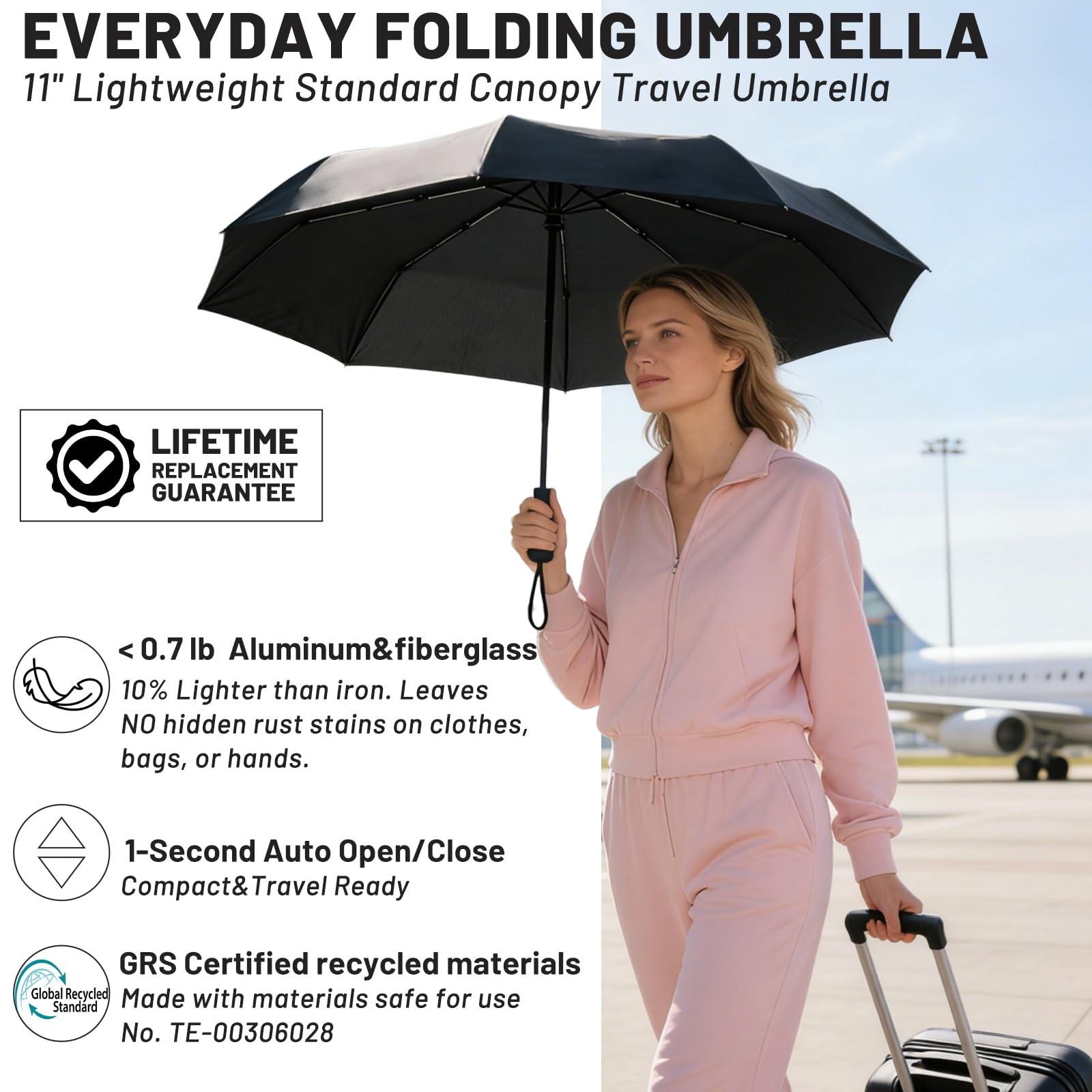 SY COMPACT Travel Umbrella - Windproof Automatic Compact 38 inches, Black