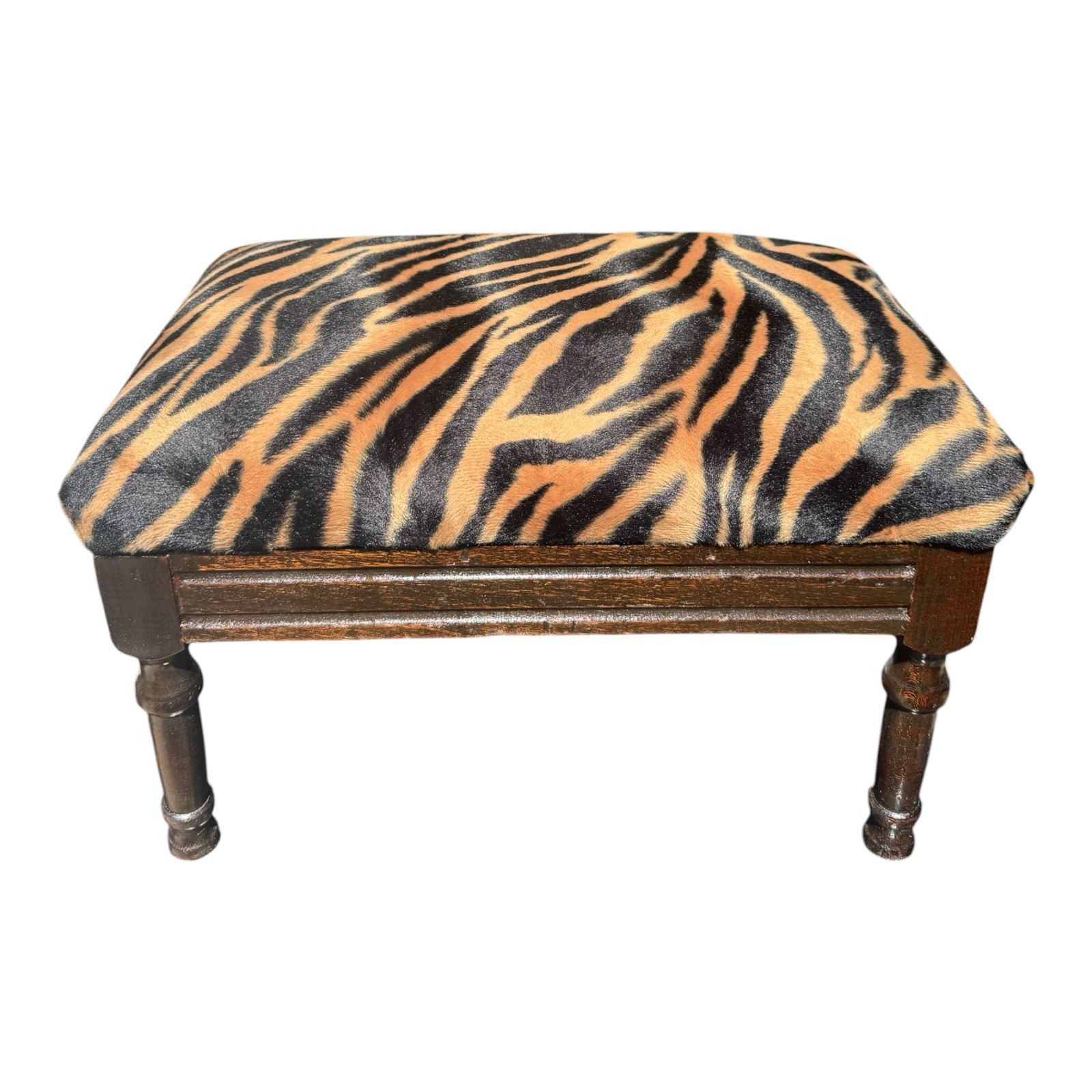 1920s English Mahogany Footstool Newly Upholstered Seat Turned Legs Stool