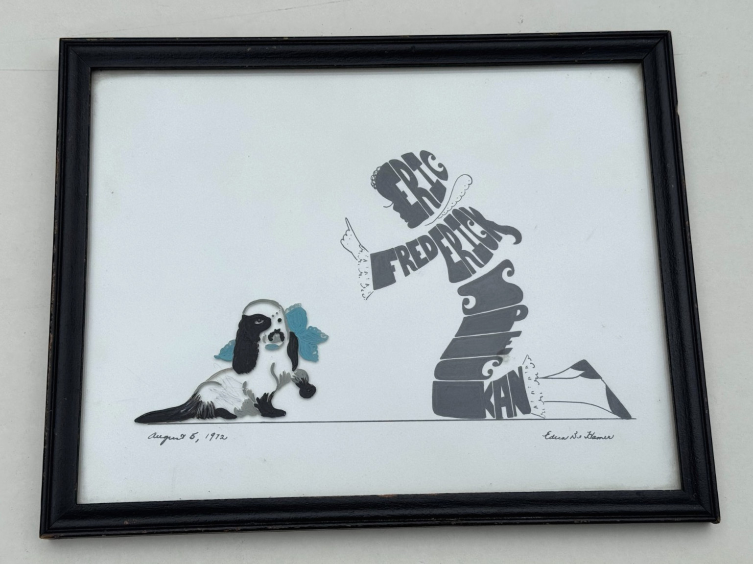 ERIC FREDERICK FREDERICH SPECAN? GLASS PAINTING INK DRAWING WOMAN PET DOG 1972