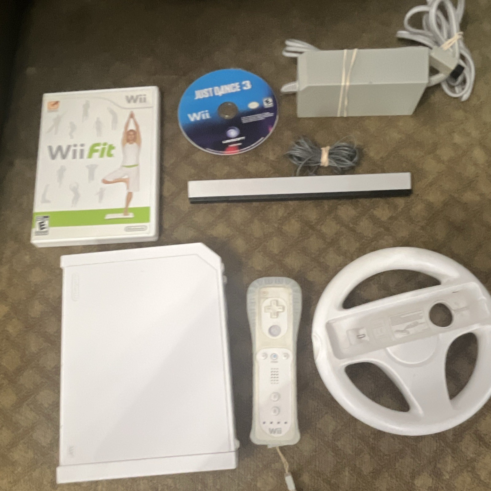 Nintendo Wii Bundle w/ Remote, Sensor Bar, Wheel + Wii Fit, Just Dance 3