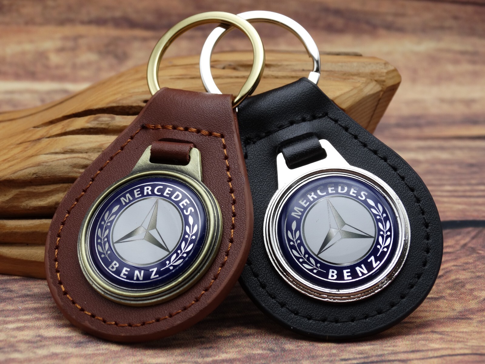 RARE VINTAGE 1970S BLUE MERCEDES - BENZ CAR Leather Key Chain Ring Fob NEW
