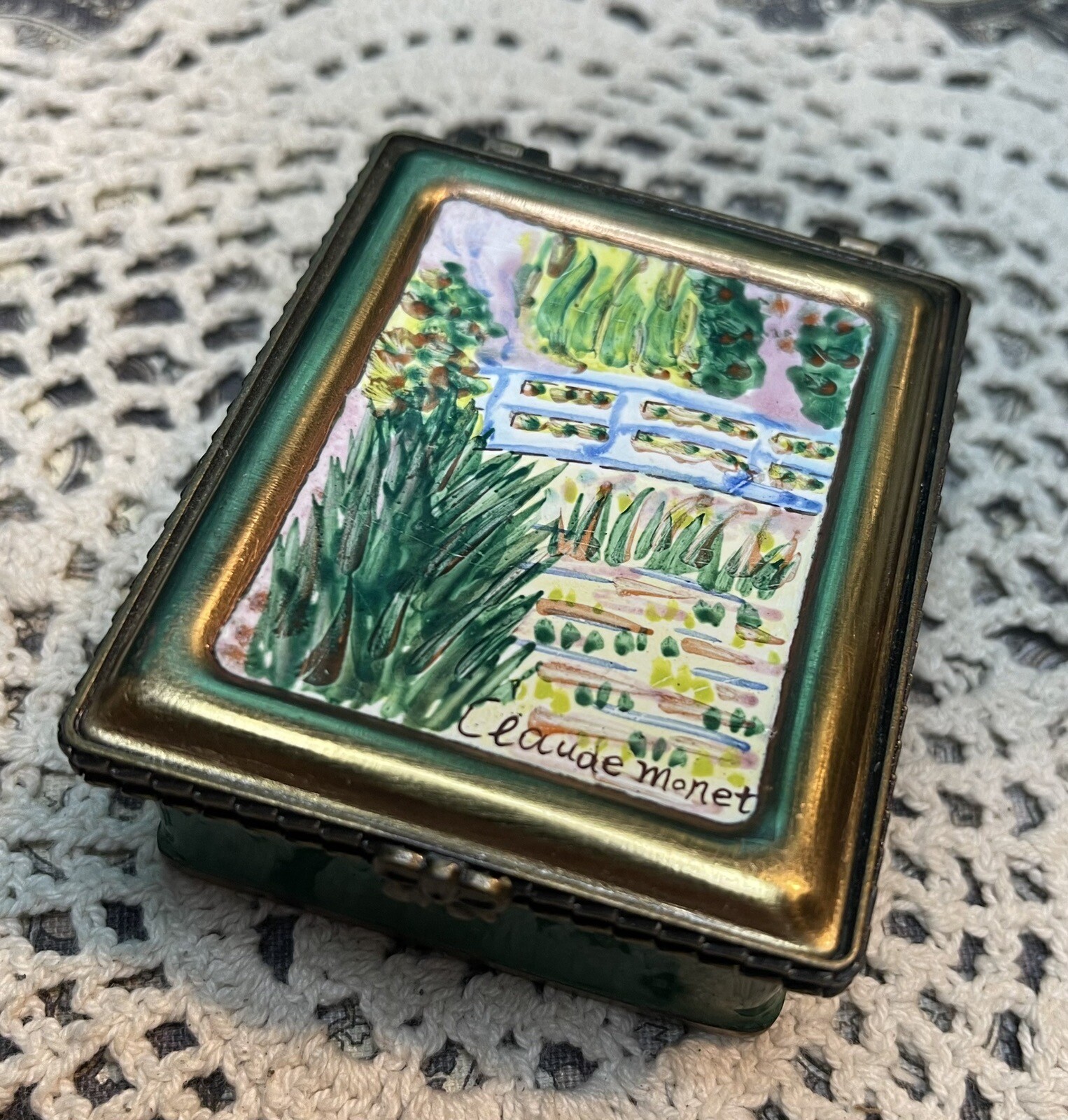 Enameled Painted Fabric Lined  Brass Trinket Box