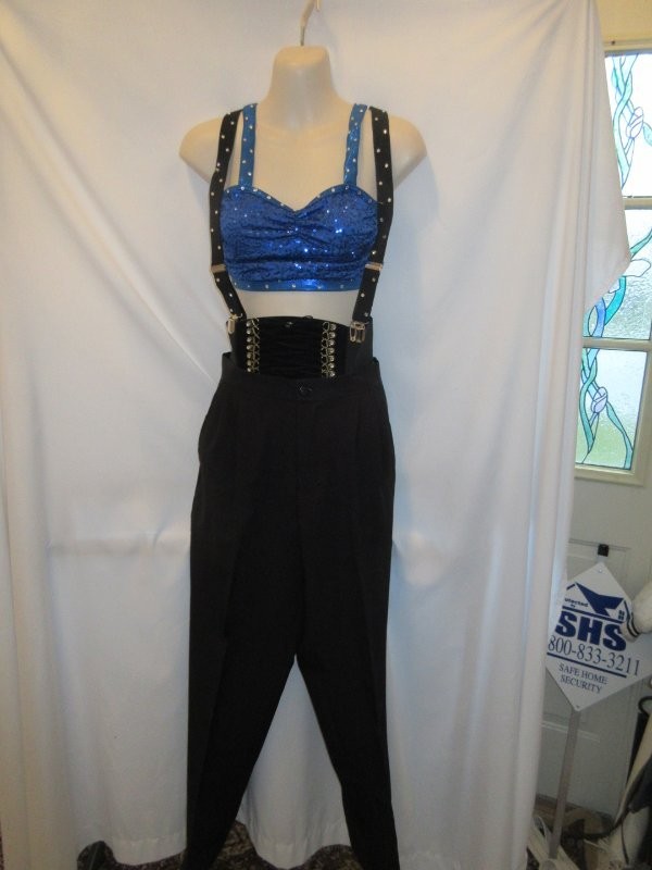 Blue Sequin Top Black Suspenders Waist Cage Dance Costume SA Small Adult