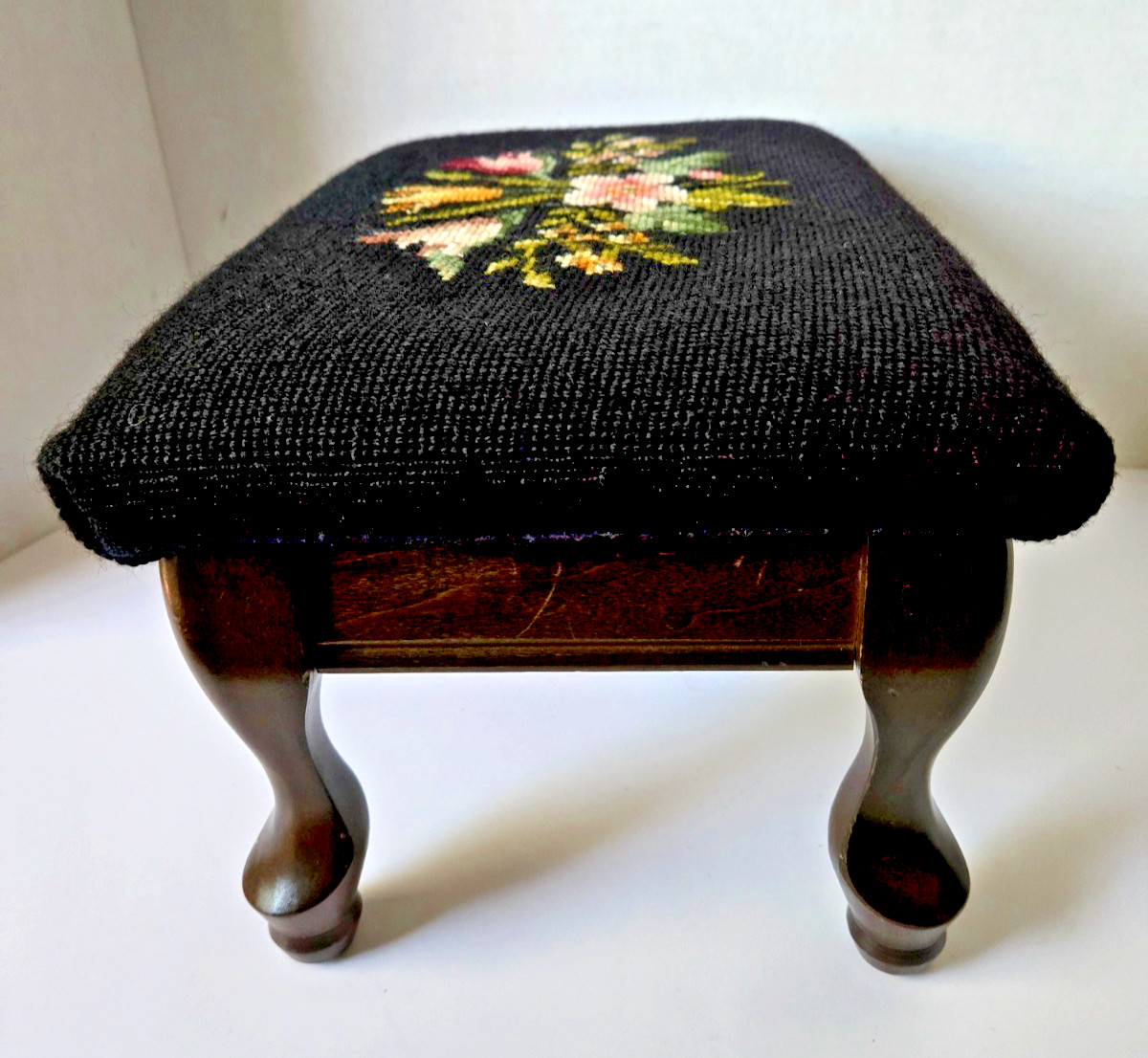 Vtg Floral Needlepoint Footstool Wool Rectangular Victorian Flowers Black 14.5”