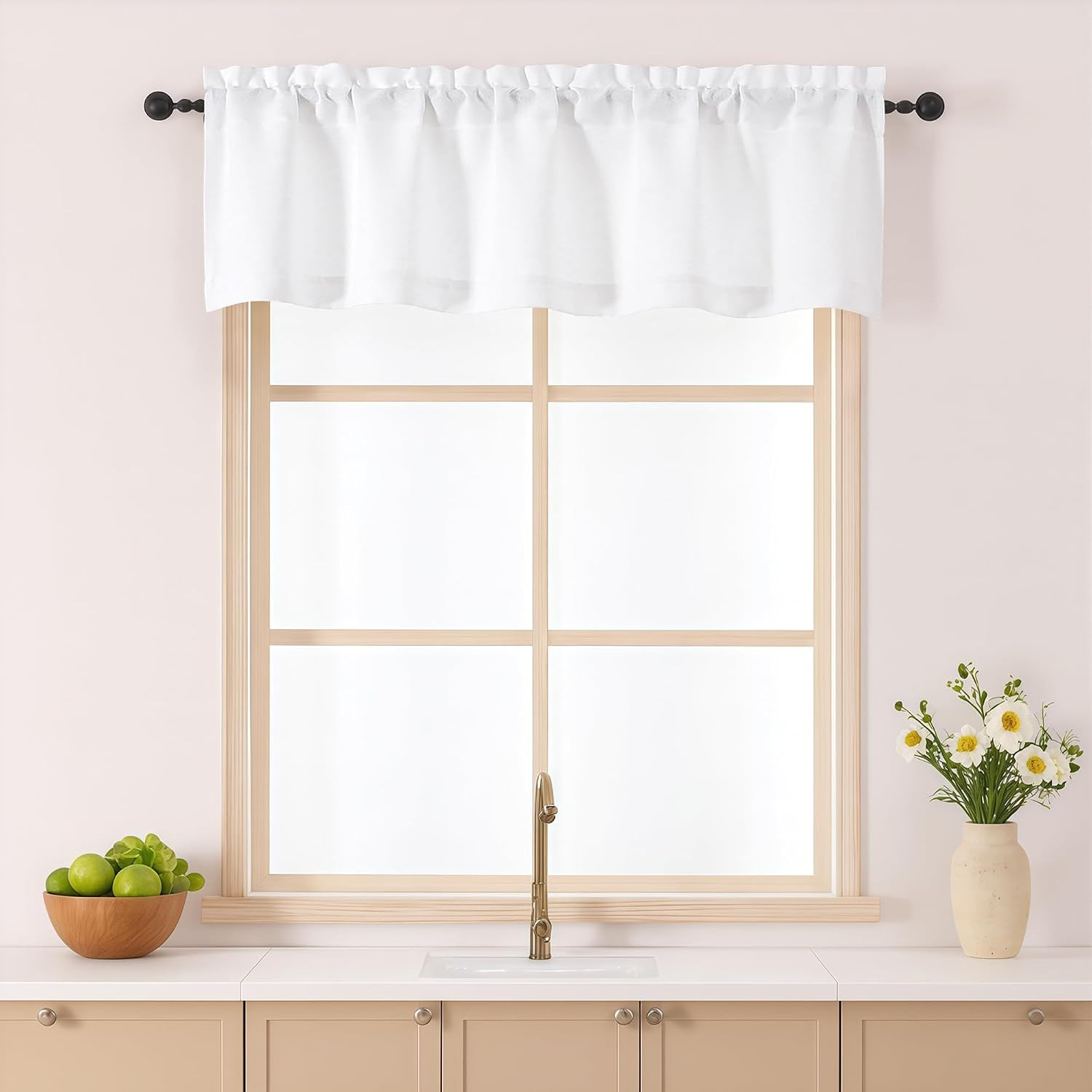 White Kitchen Valance for Windows 14 Inches Long, Light Filtering Short Curtain
