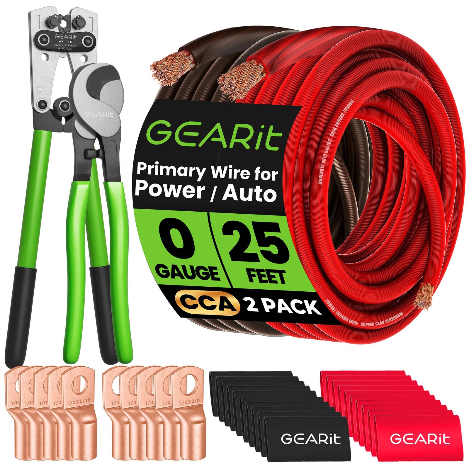 GEARit 25ft 0 Gauge CCA Ground Wire Kit with Crimper, Cutter, Lugs, Heat Shrink