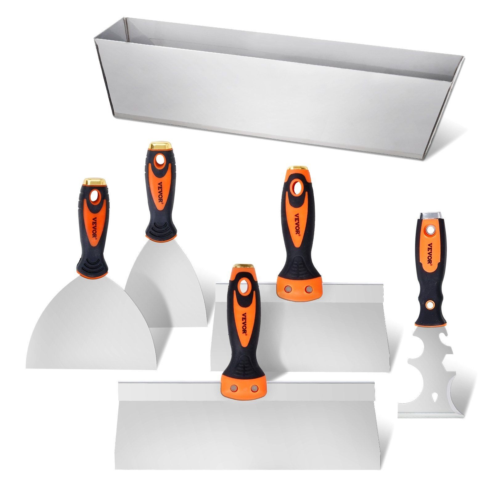 6-Piece Stainless Drywall Set — Scraper, Putty Knives, Taping Knives & Mud Pan