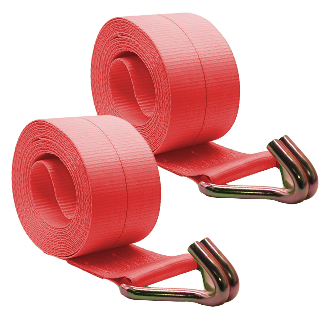 BXR Winch Strap 4" x 30' w/ Twin J Hooks 16,200lbs Heavy Duty Cargo 2 Pack - Red