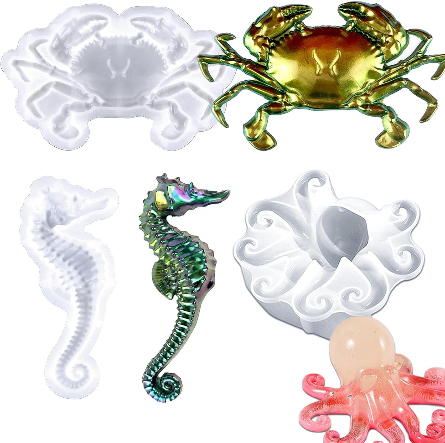 3 Pcs Marine Resin Molds Set Seahorse Octopus Crab 3D Animal Silicone Epoxy Mold