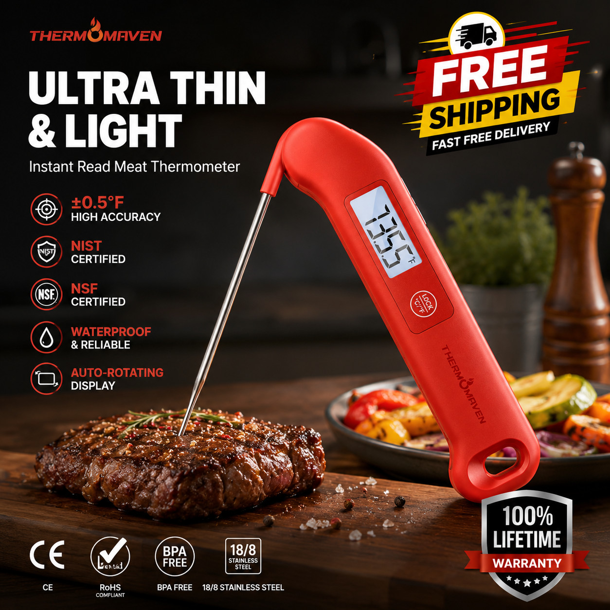 Digital Meat Thermometer Instant Read Waterproof Backlit NIST Certified Red BBQ*