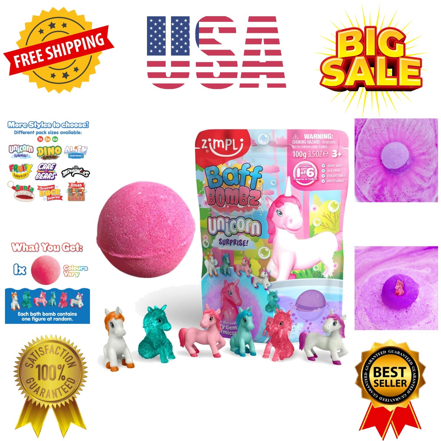 Large Unicorn Surprise Bath Bomb, 6 Surprise Unicorn Toys to Collect in Total...