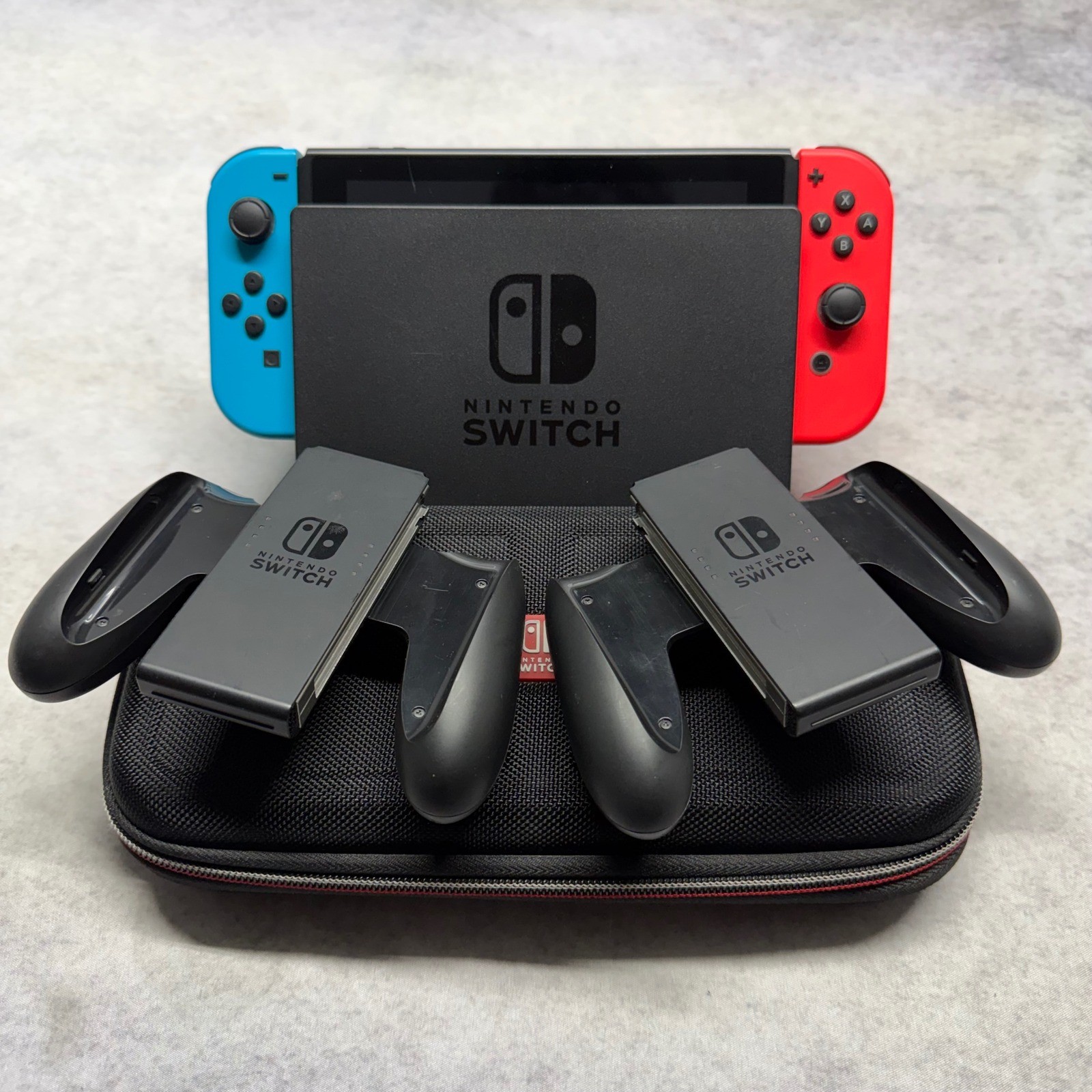 Nintendo Switch HAC-001 Console Neon Joy Con Dock Carrying Case Bundle - WORKS