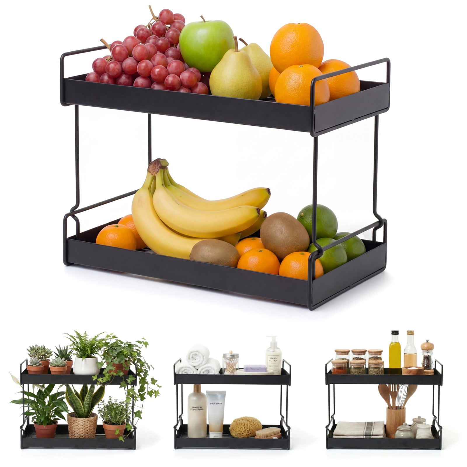 2-Tier Fruit Basket for Kitchen Counter – Black Powder Coated Metal Fruit Sta...