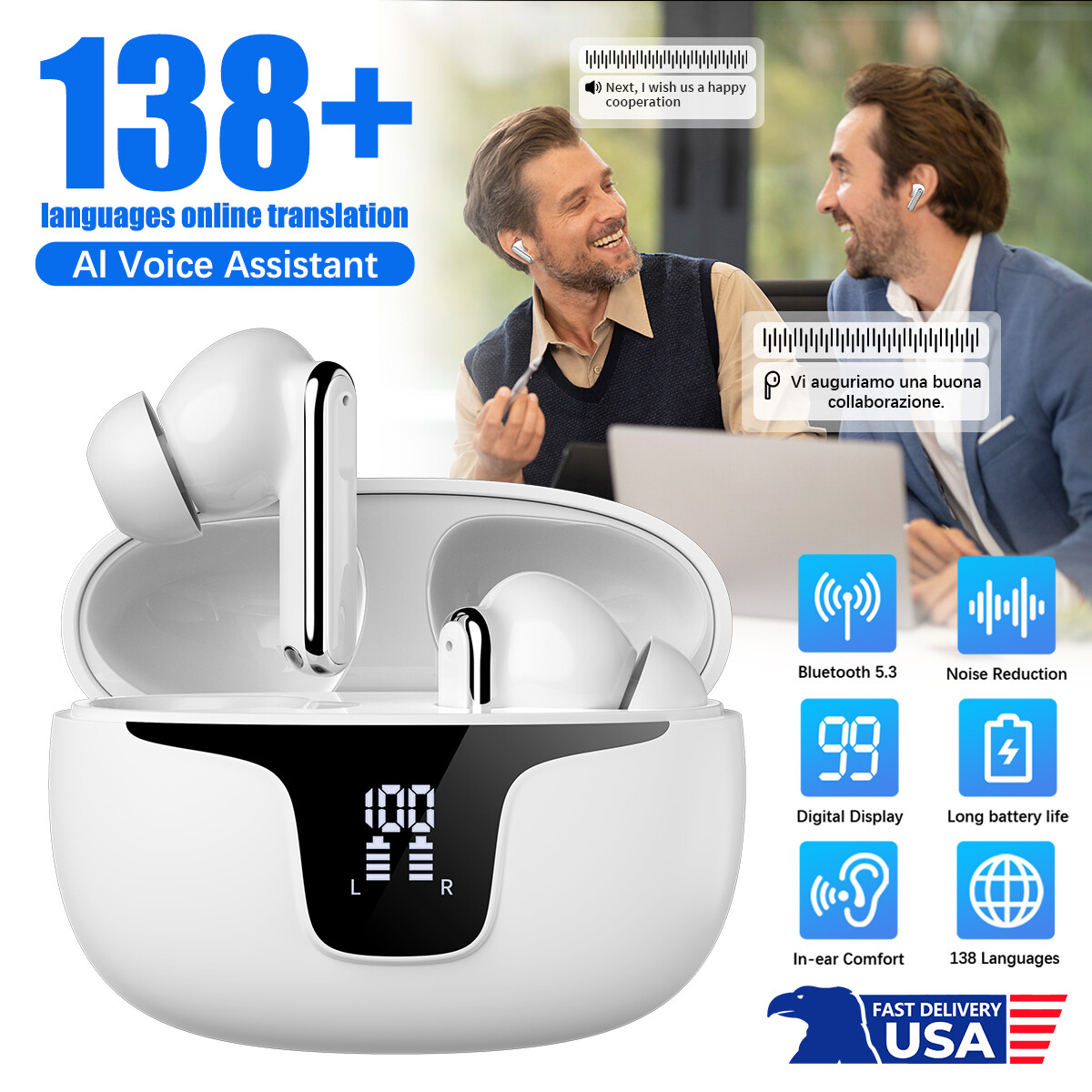 V19 Wireless Bluetooth Intelligent 150+ Languages Real Time Translation Headset.