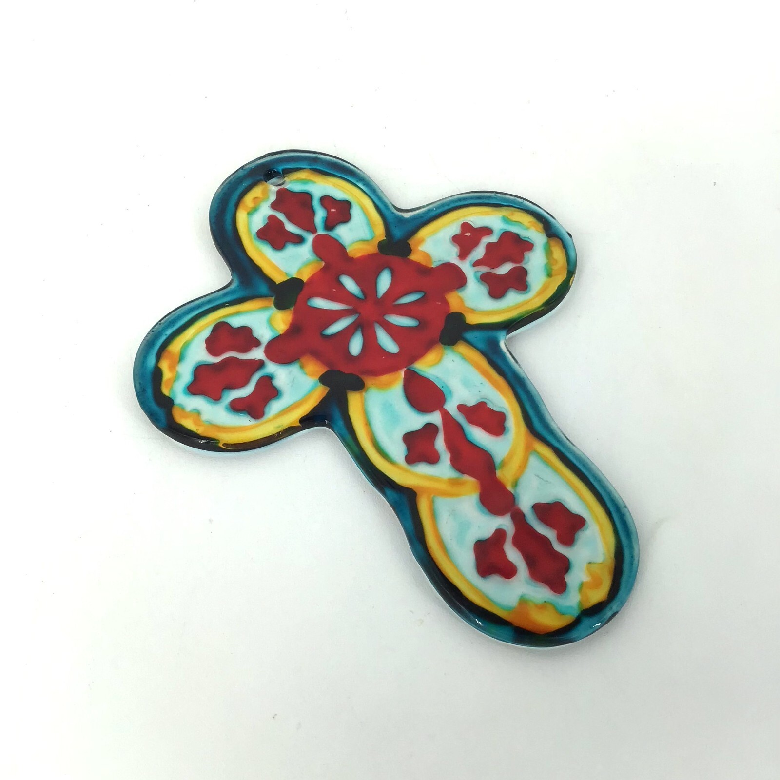 Glass Cross Sun Catcher Blue Red Yellow 6" H x 4.75" L