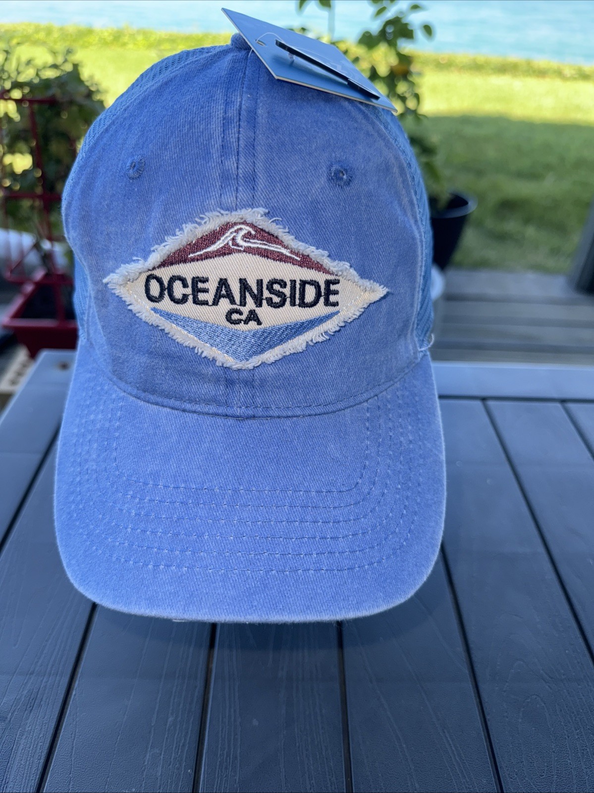 Oceanside CA on Tan Maroon Lt Blue Distressed Patch on Blue Trucker Hat Cap wTag