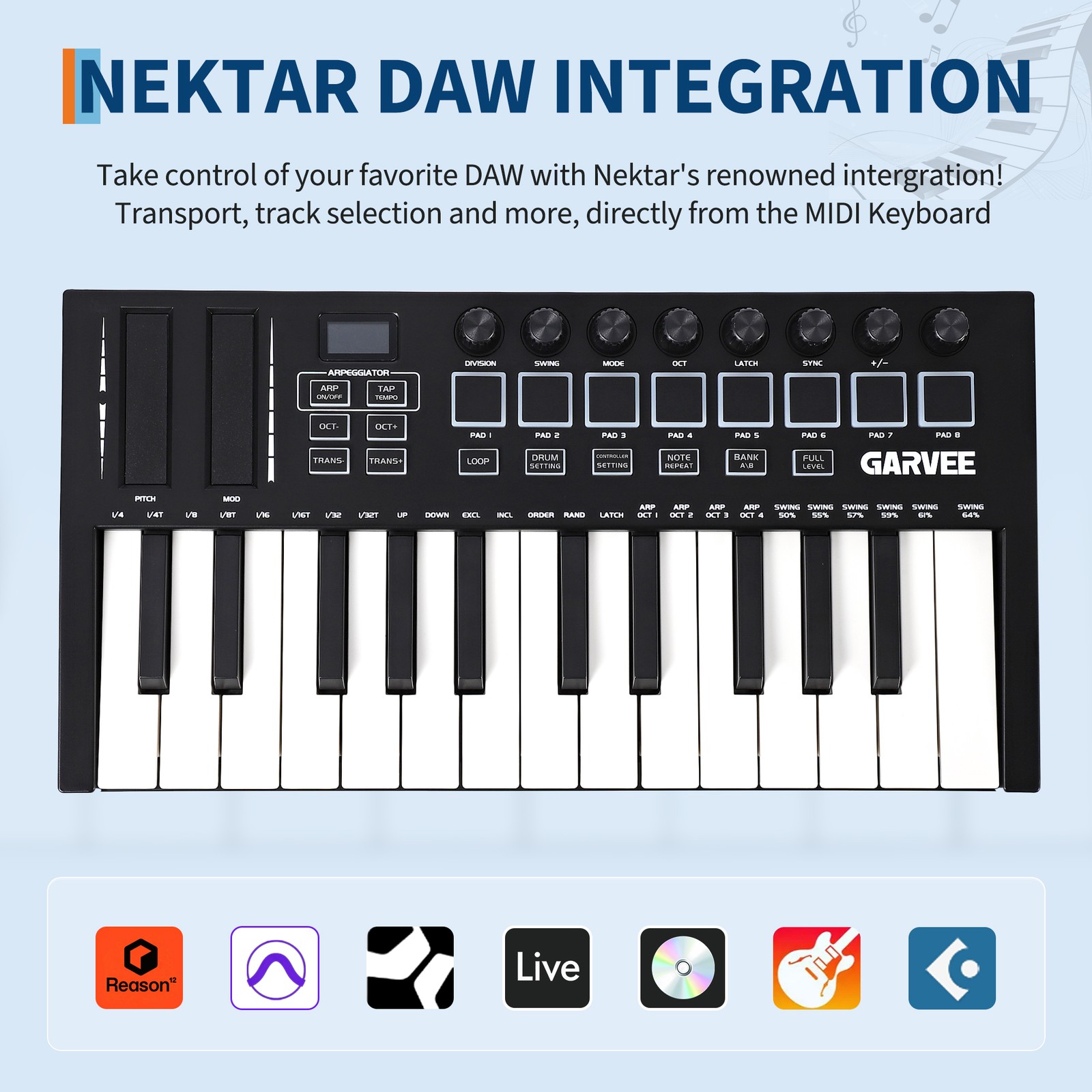 25-Key USB MIDI Keyboard w/8 Pads, 8 Knobs & OLED, Portable for DAW