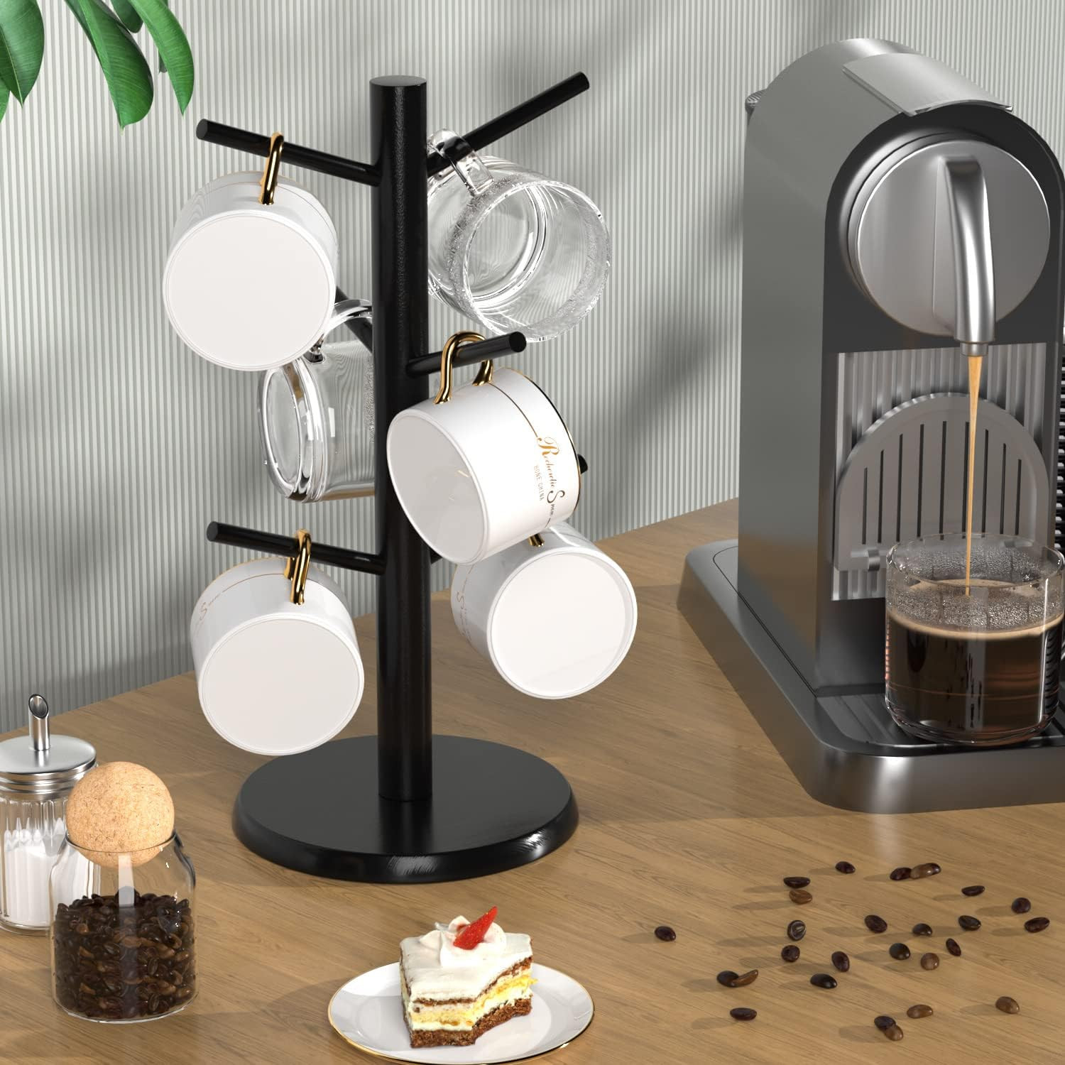 Bamboo Coffee Mug Holder Tree, Thicker Base Coffee Cup Holder Stand for Counter,