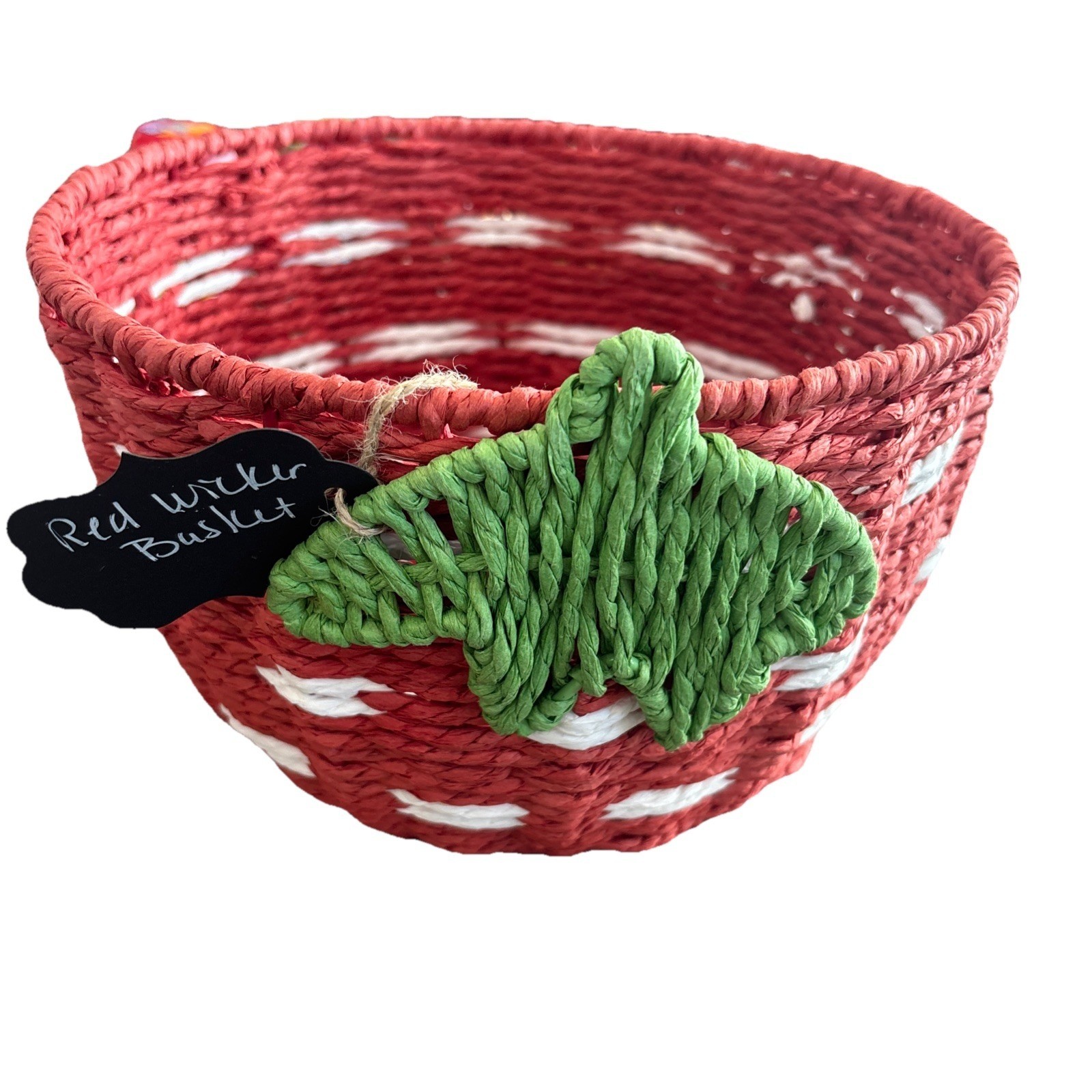 Red, White Round Wicker Basket W/ Leaves  strawberry