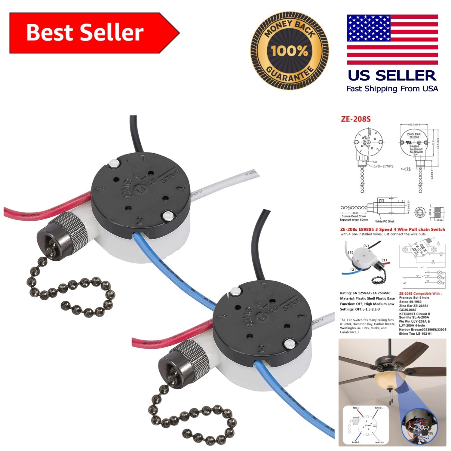 Durable 3-Speed Ceiling Fan Switch - E89885 4-Wire Pull Chain with Easy Install
