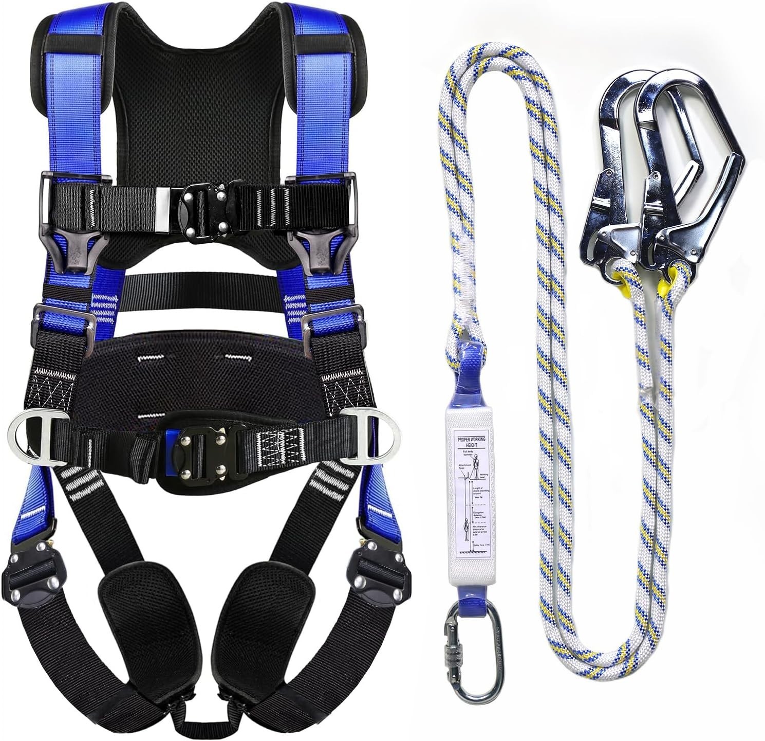 Fall Protection Premium Safety Harness with Shock Absorbing Lanyard, Vented & Pa