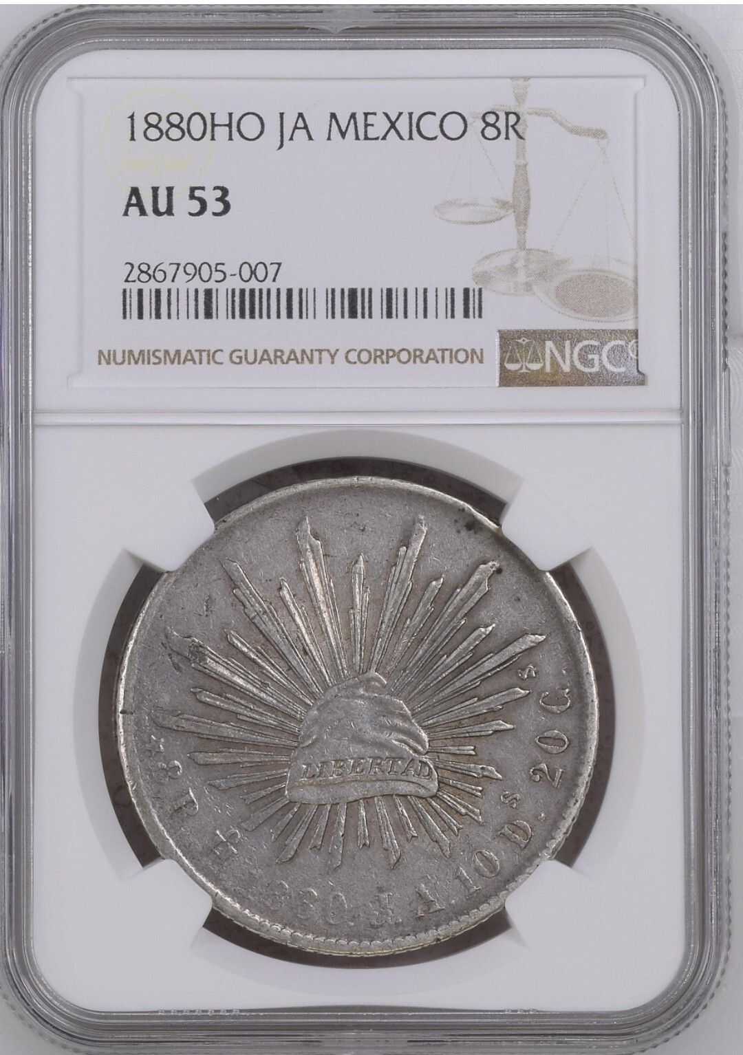 Mexico 1880 Ho JA 8 Reales NGC AU 53 POP 2  Only 15 Higher.