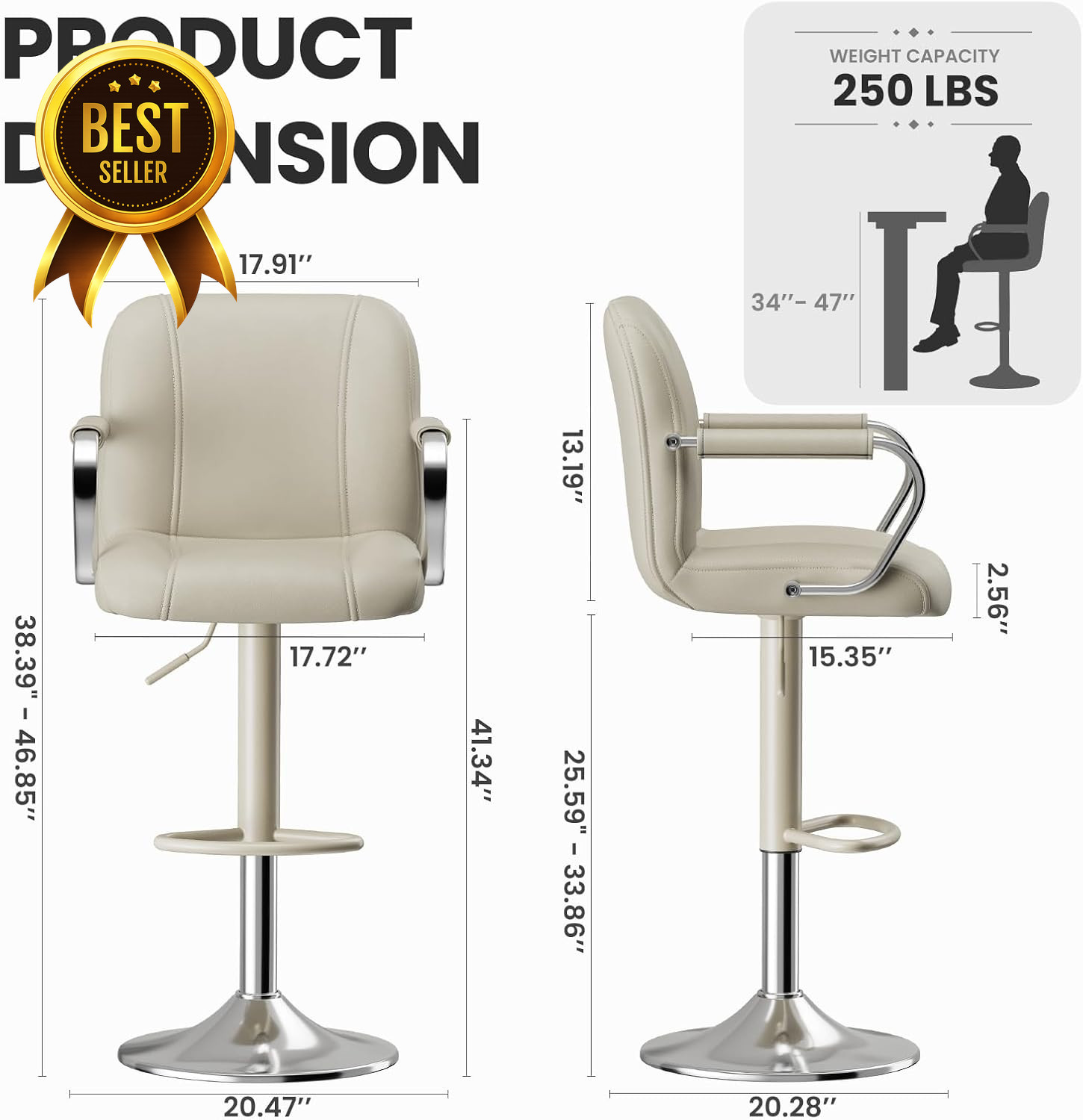 Set of 2 Adjustable Swivel Counter Chairs Beige Kitchen Island Bar Stools