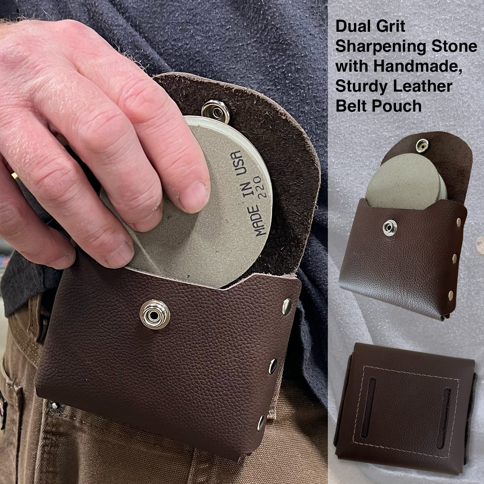 Round Dual Grit Axe Sharpening Stone +  Leather Belt Pouch  - Bushcraft Tool