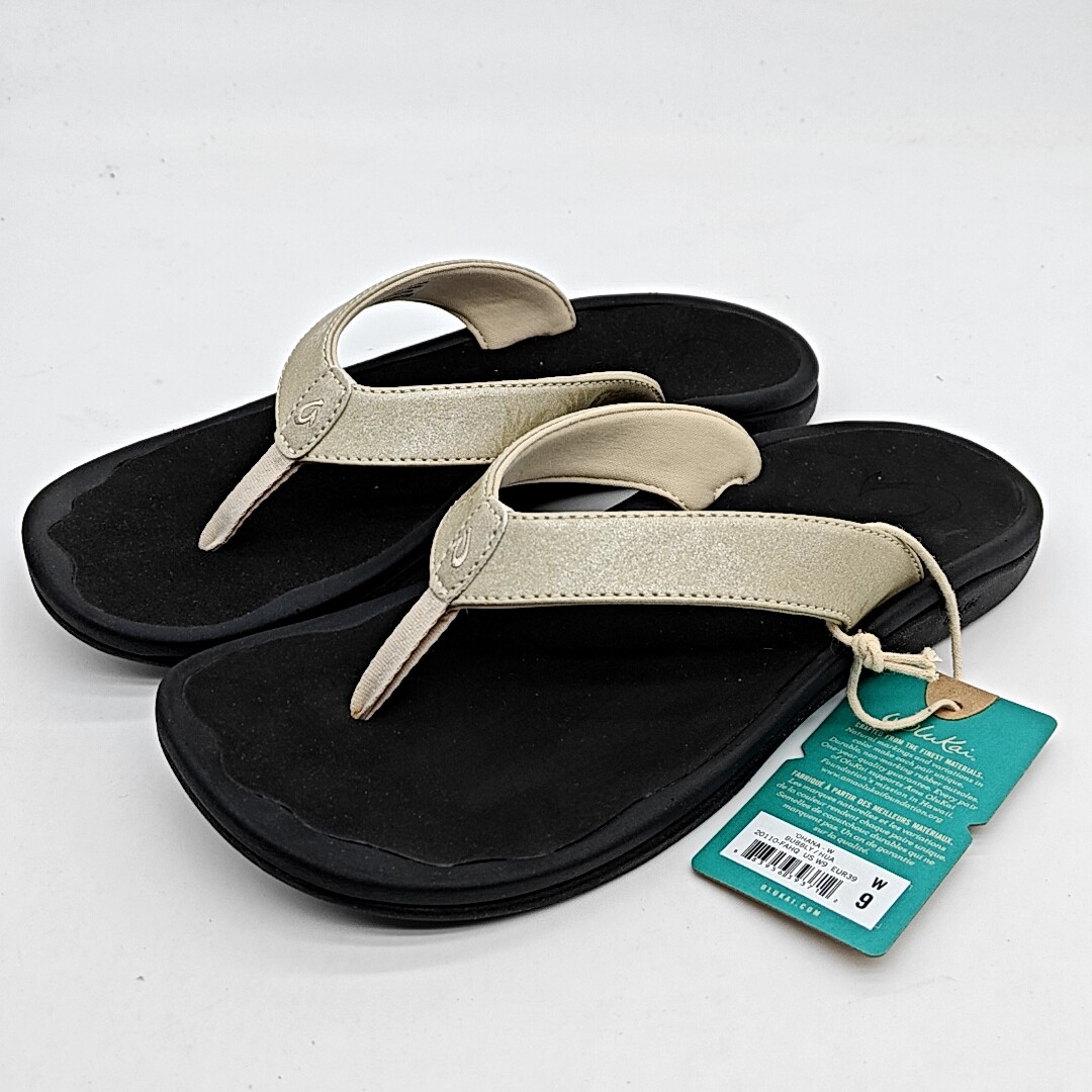 Olukai Ohana Sandals Women Gold Black Comfort Thong Flip Flop Beach Sz 7/8/9
