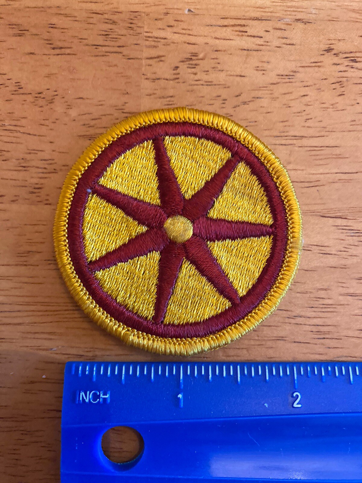US Army 107th TRANSPORTATION BRIGADE PATCH Yellow Brown Wagon Wheel INV5169